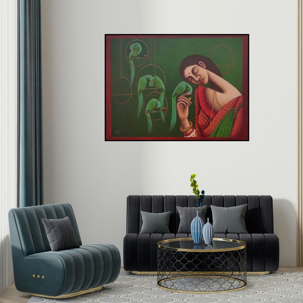 Uttam Bhattacharya's 'Antarmahal (Untitled)' painting visualized above a sofa in a contemporary room.