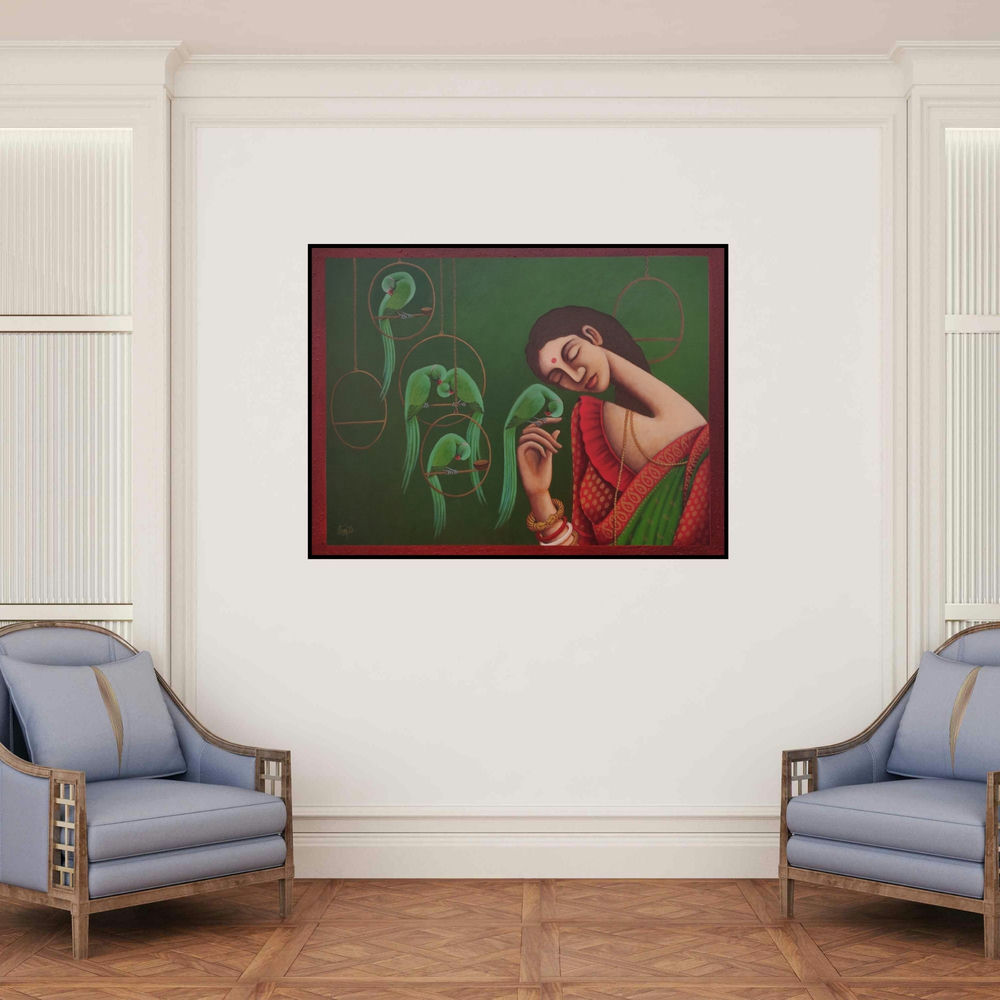 'Antarmahal (Untitled)' painting by Uttam Bhattacharya shown on a wall in a furnished room.