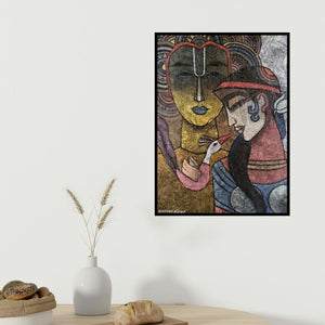 Krishna Ashok's 'Antaryami (Radha Krishna: A Divine Love Story)' painting visualized above a sofa in a contemporary room.