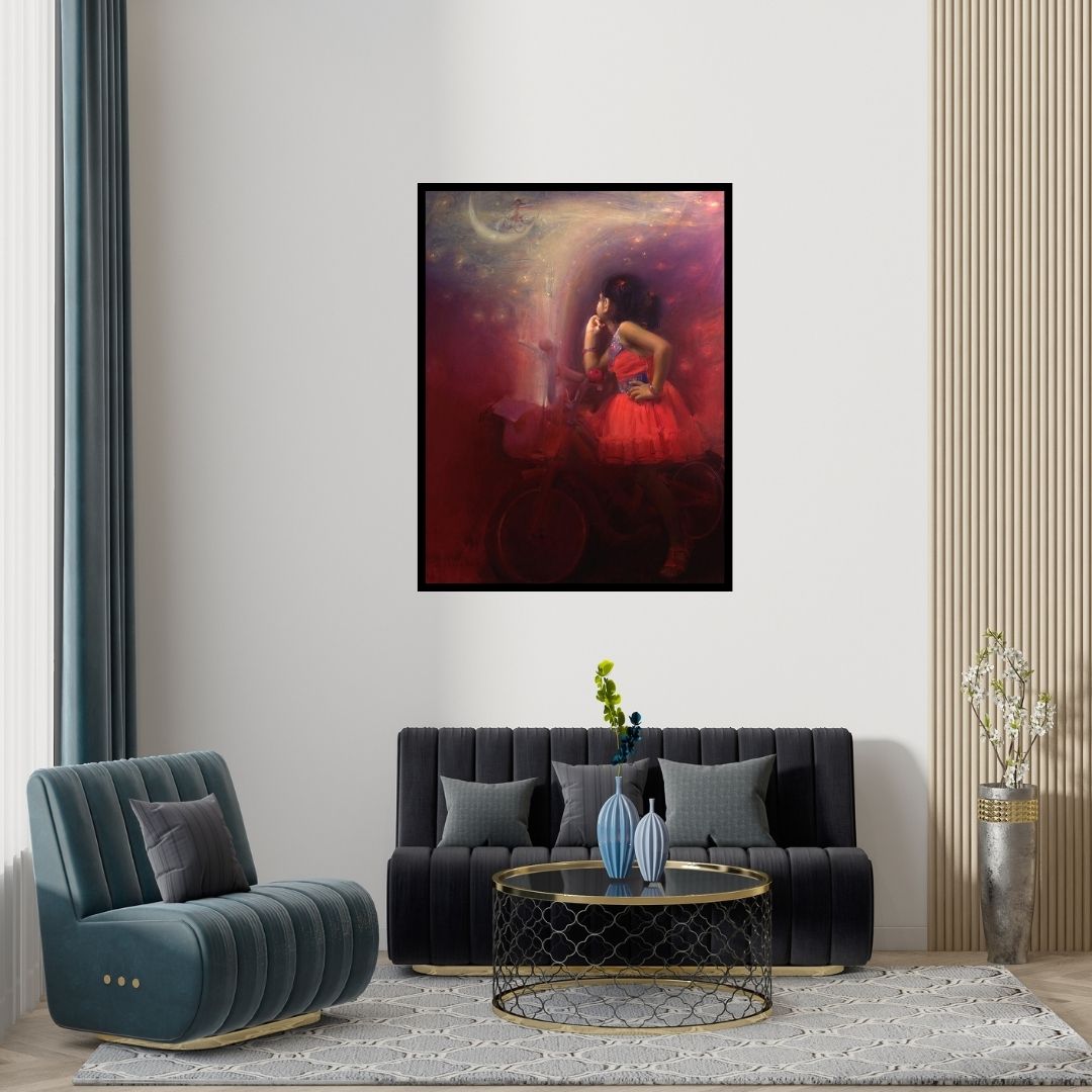 Preview of 'Apollo (Moonlit Ride)' Painting by Pramod Kurlekar shown on a wall in a furnished room.