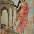 Figurative oleograph painting titled 'Apsara Urvashi And King Pururavas', 22x16 inches, by artist Raja Ravi Varma on Paper