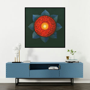 'Araddhya 2 (Cosmic Flower Radiance of Life)' painting by Rajib Deyashi shown on a wall in a furnished room.