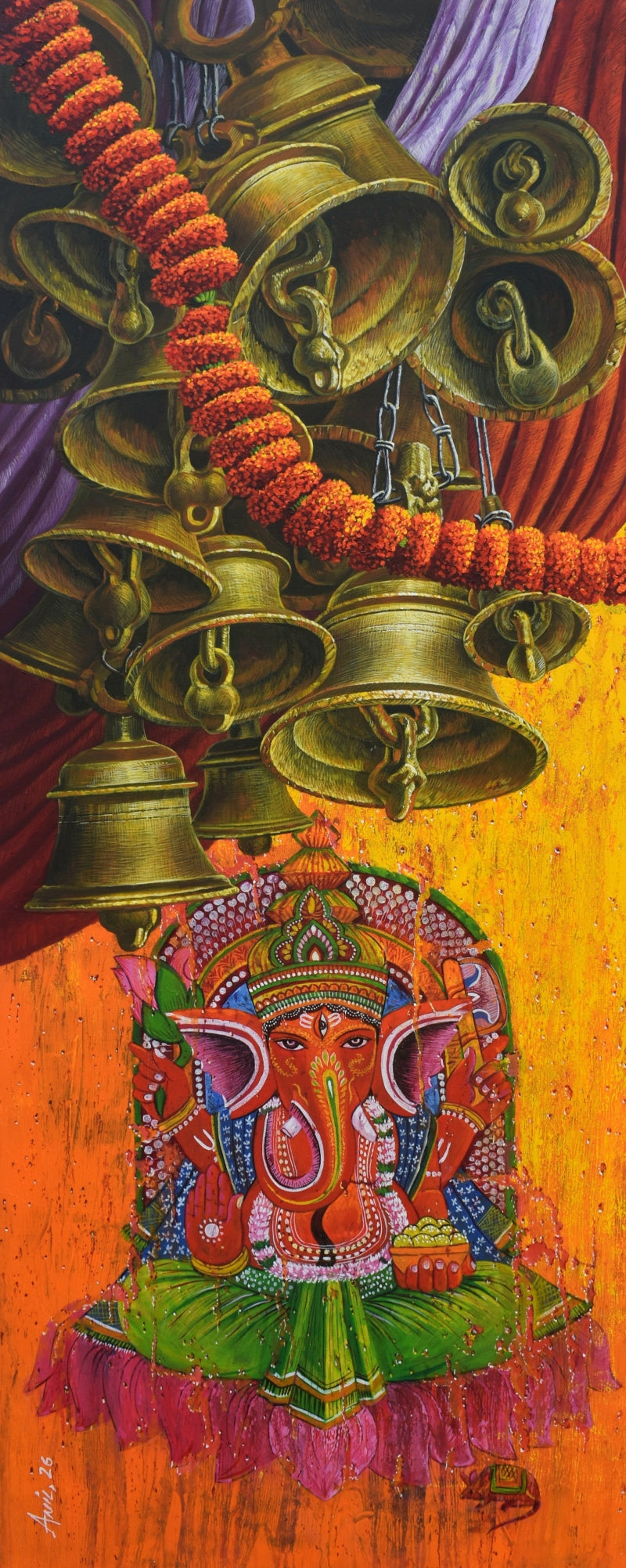 Aradhana 108' religious acrylic painting by artist Anil Kumar Yadav, 60x24 inch, on canvas