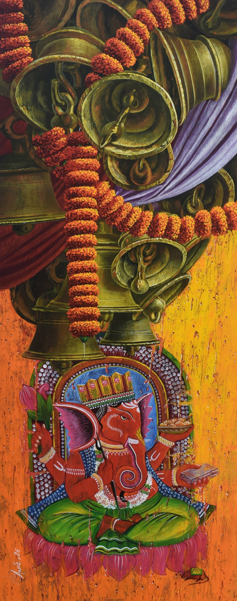 Aradhana 109' religious acrylic painting by artist Anil Kumar Yadav, 60x24 inch, on canvas