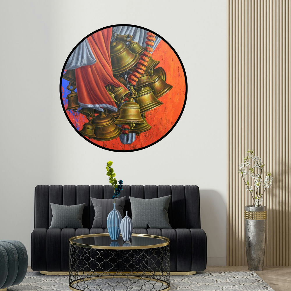 Anil Kumar Yadav's 'Aradhana 35 (Sacred Circle)' painting visualized above a sofa in a contemporary room.