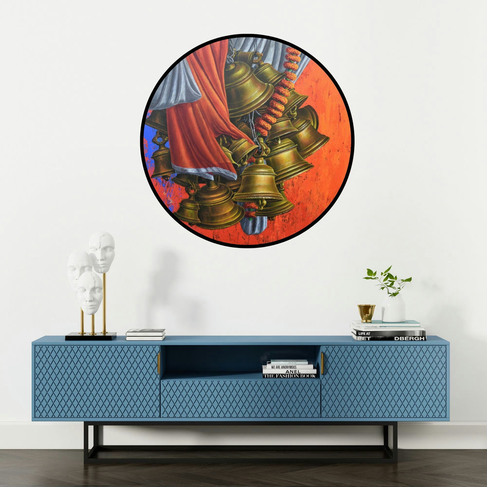 'Aradhana 35 (Sacred Circle)' painting by Anil Kumar Yadav shown on a wall in a furnished room.