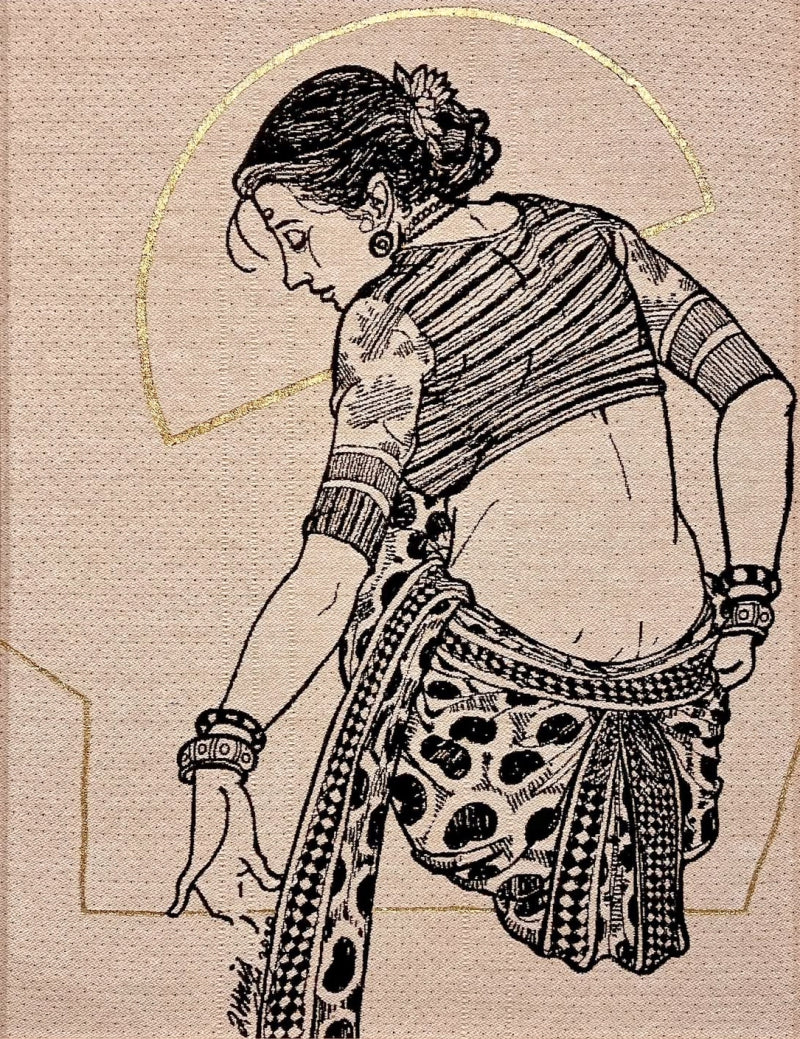 In The Arc Of Her Grace' figurative mixed-media painting by artist Ramchandra S Kharatmal, 30x24 inch, on jucard textile