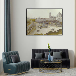 Aman A's 'Areal View Of Hutatma Chowk And Flora (Old Bombay Panorama)' painting visualized above a sofa in a contemporary room.