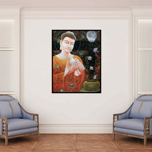 In-situ view of Ajay Meshram's 'Arihant (Buddha with Dove)' painting in a room