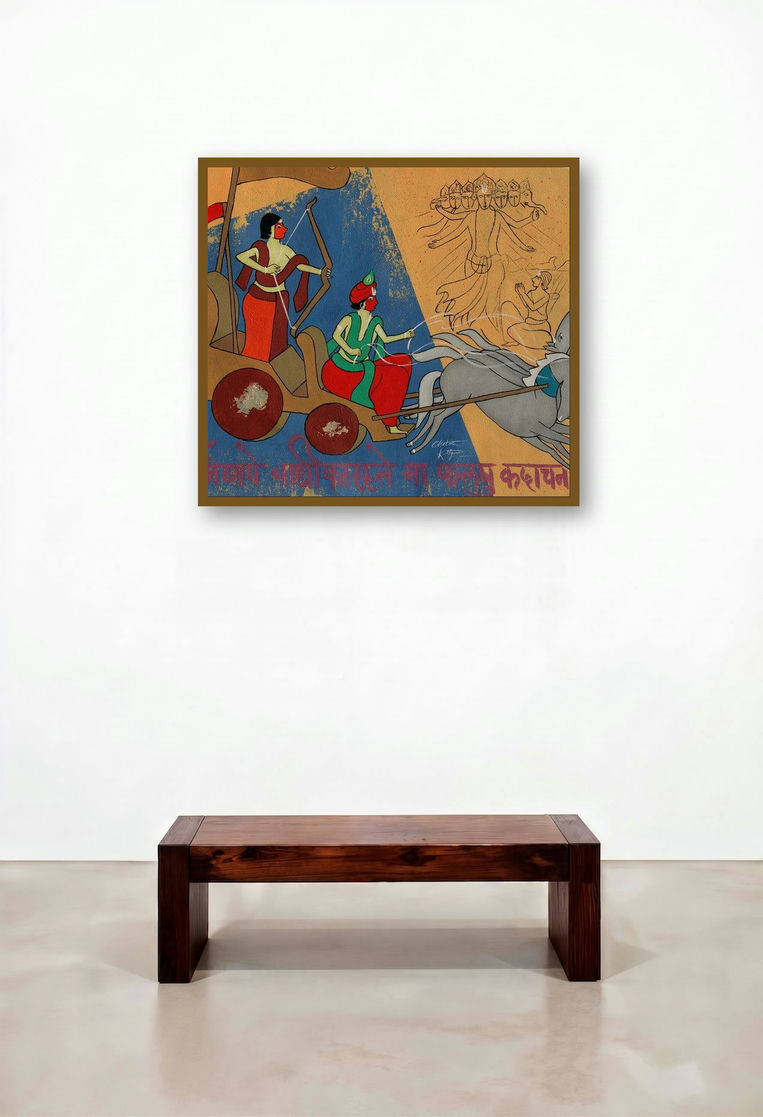 Arjuna In The Batte Field (The Charioteer and the Warrior) by artist Chetan Katigar displayed in a Luxury Living Room