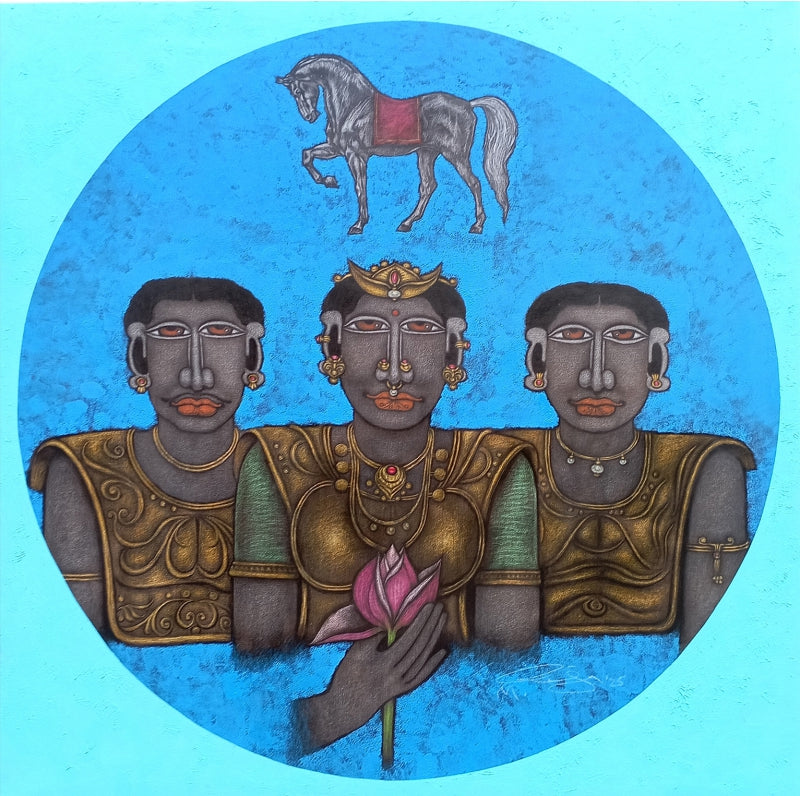 'Armor 2' figurative mixed-media painting by artist M Raja, 36x36 inch, on linen canvas