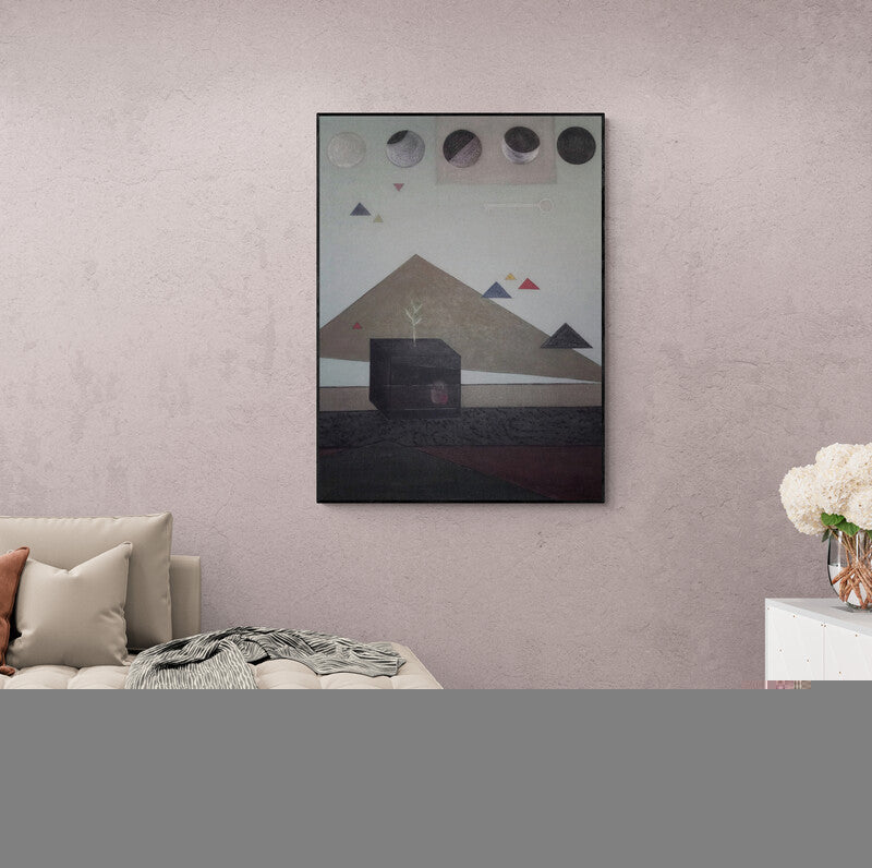 Preview of 'Arouse (A Dreamlike Landscape)' Painting by Samruddhi Patil shown on a wall in a furnished room.