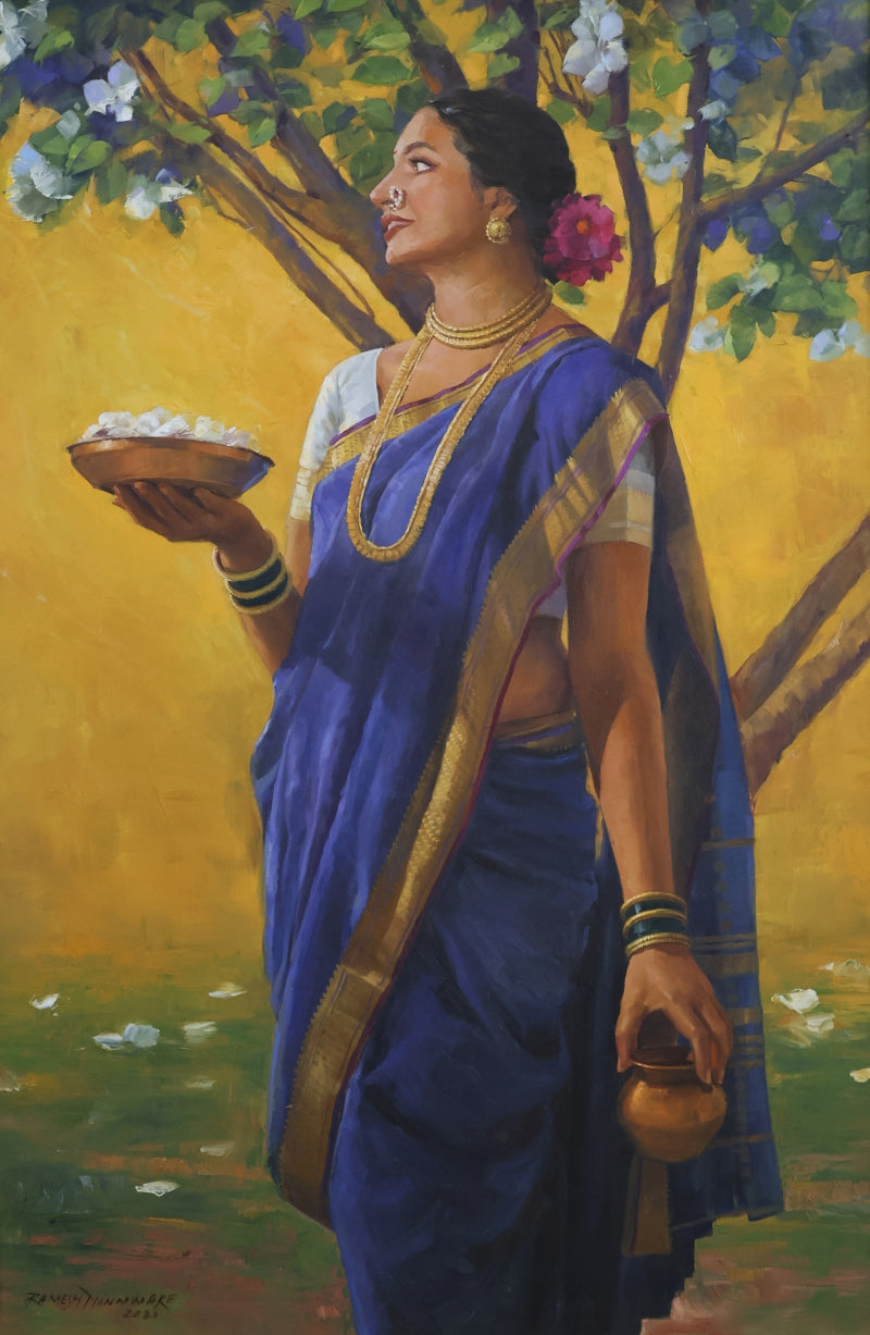 Arpan' figurative oil painting by artist Ramesh Nanware, 36x24 inch, on canvas