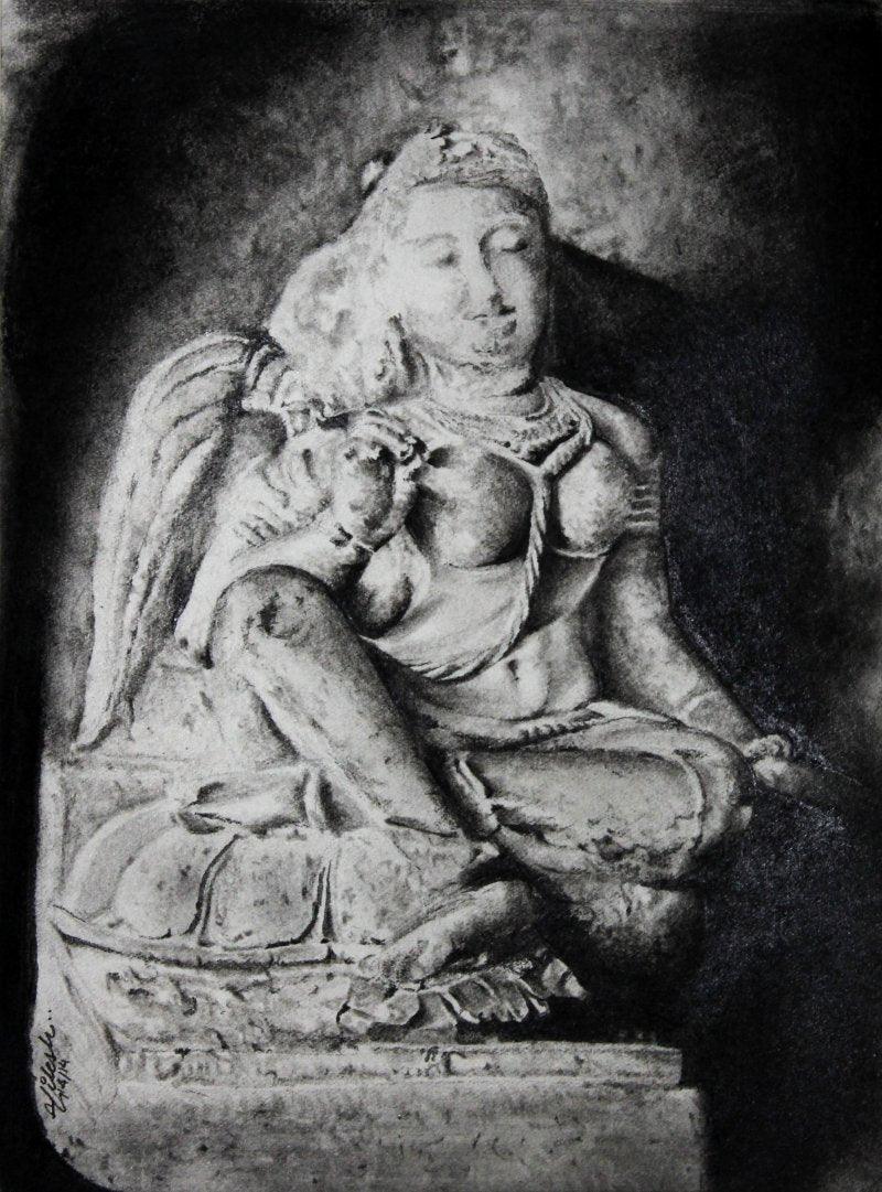 Portrait charcoal drawing titled 'Art from Ellora Caves', 11x9 inches, by artist NILESH GAVALE on Paper