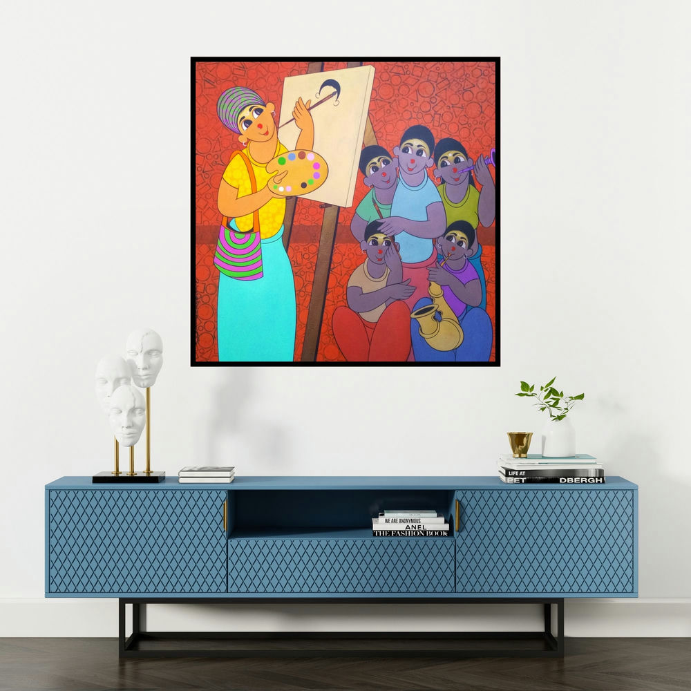 'Artist Demo (The Artist and the Musicians)' painting by Dnyaneshwar Bembade shown on a wall in a furnished room.