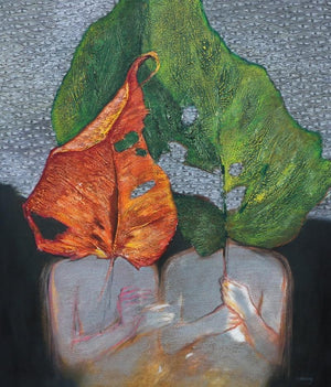 As Within So Without 11 (Two Figures with Leaves) by Manoj Paturkar, Original Mixed Media Contemporary Painting on Canvas, Medium Vertical Wall Art
