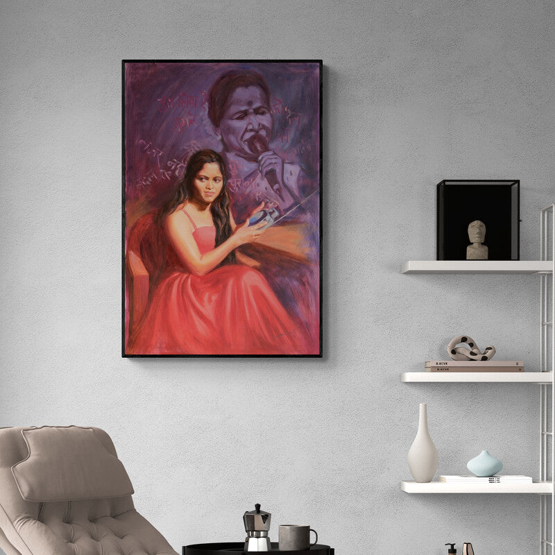 In-situ view of Swapnil Patil's 'Asha Asha Bhosle (Nazar Nahi Badal Ke... - Asha Bhosle Quote)' painting in a room