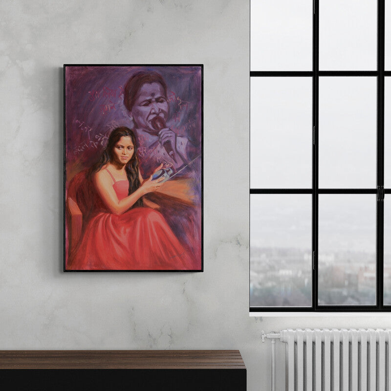 Preview of 'Asha Asha Bhosle (Nazar Nahi Badal Ke... - Asha Bhosle Quote)' Painting by Swapnil Patil shown on a wall in a furnished room.