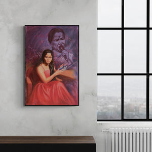 Swapnil Patil's 'Asha Asha Bhosle (Nazar Nahi Badal Ke... - Asha Bhosle Quote)' Painting visualized above a sofa in a contemporary room