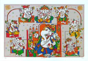 Ashtavinayak (The Ganesha Dynasty) by Jagdeep Smart, Serigraph Serigraphs Religious Painting on Paper, Medium Horizontal Wall Art