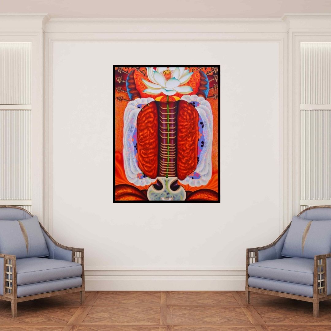 In-situ view of Ramu Das's 'Asraj (Lotus and Spinal Column)' painting in a room