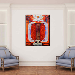 In-situ view of Ramu Das's 'Asraj (Lotus and Spinal Column)' painting in a room