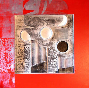 Assemblages I by Vivek Rao, Original Wood Abstract Painting on Wood, Small Square Wall Art