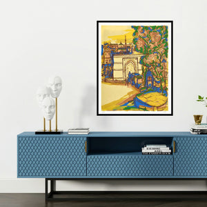 'Astodia Darwaza (A Vibrant Cityscape)' painting by Vrindavan Solanki shown on a wall in a furnished room.