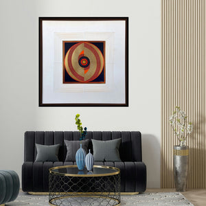 Bhiva Punekar's 'Asymmetry (Circular Abstraction in Gold and Red)' painting visualized above a sofa in a contemporary room.