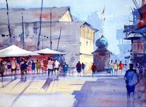 At Signal by Ravee Songirkar, Original Watercolor Cityscape Painting on Paper, Small Horizontal Wall Art