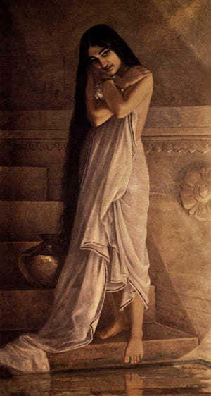 At The Bath (Enchantment of the Chariot Ride) by Raja Ravi Varma, Print Oil Figurative Painting on Canvas, X-Small Vertical Wall Art