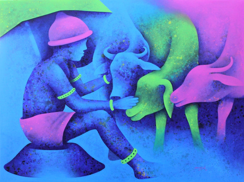 Athkheliya 10' figurative acrylic painting by artist Lakhan Singh Jat, 36x48 inch, on canvas
