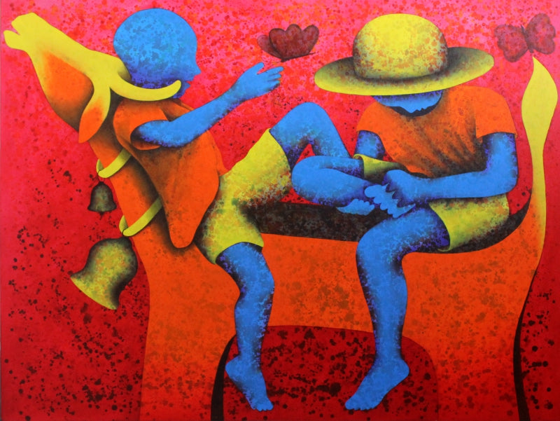 Athkheliya 11' figurative acrylic painting by artist Lakhan Singh Jat, 36x48 inch, on canvas