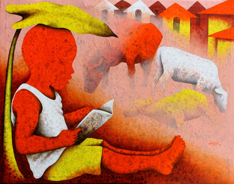 Athkheliya 12' figurative acrylic painting by artist Lakhan Singh Jat, 36x48 inch, on canvas