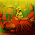 Athkheliya 13' figurative acrylic painting by artist Lakhan Singh Jat, 36x48 inch, on canvas