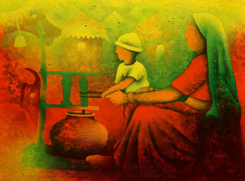Athkheliya 13' figurative acrylic painting by artist Lakhan Singh Jat, 36x48 inch, on canvas