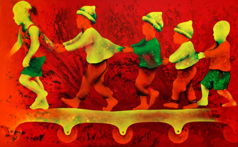 Athkheliya 14' figurative acrylic painting by artist Lakhan Singh Jat, 36x60 inch, on canvas