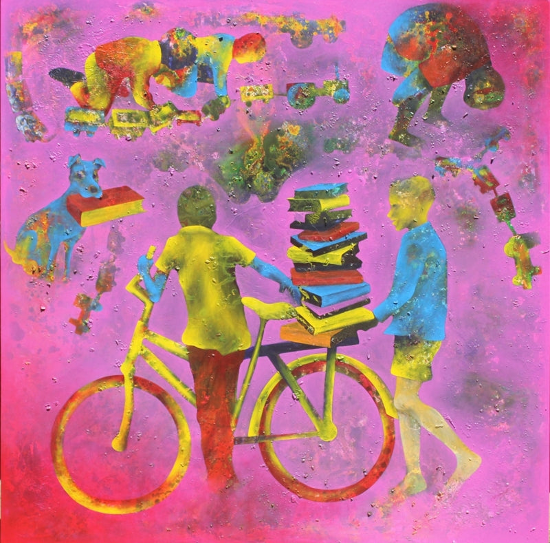 Athkheliya 15' figurative acrylic painting by artist Lakhan Singh Jat, 60x60 inch, on canvas