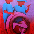Athkheliya 16' figurative acrylic painting by artist Lakhan Singh Jat, 36x24 inch, on canvas