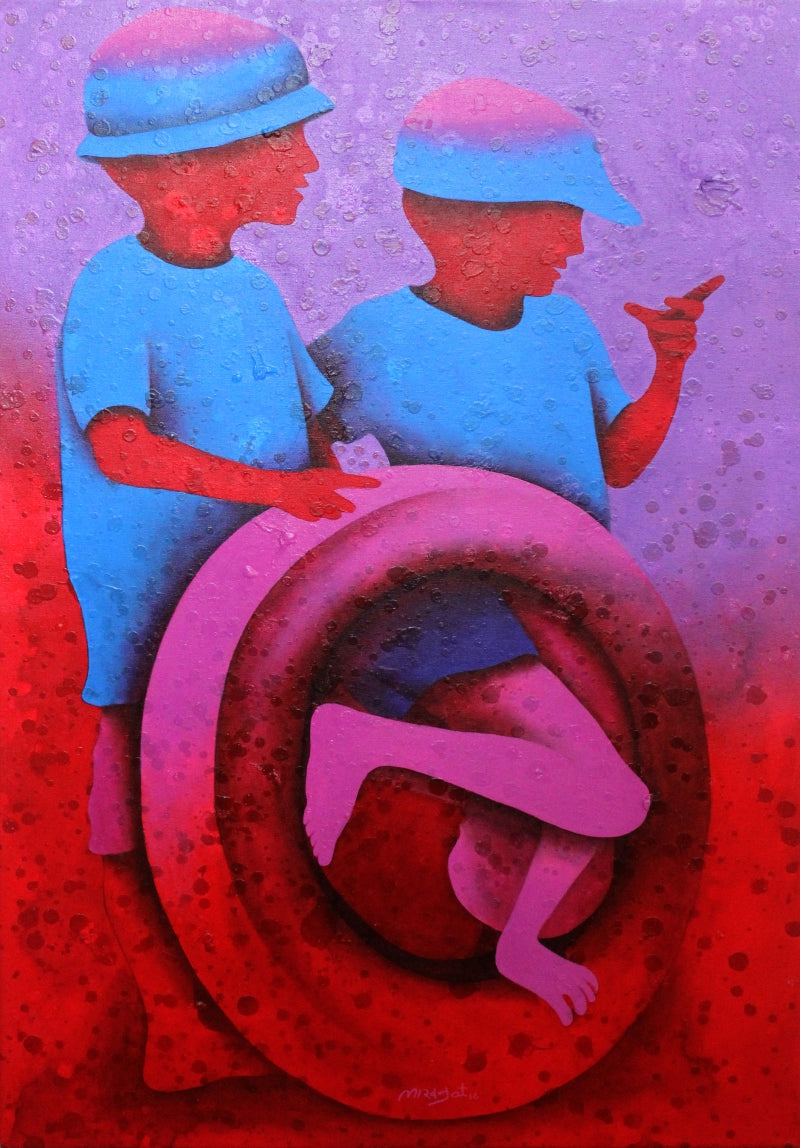 Athkheliya 16' figurative acrylic painting by artist Lakhan Singh Jat, 36x24 inch, on canvas