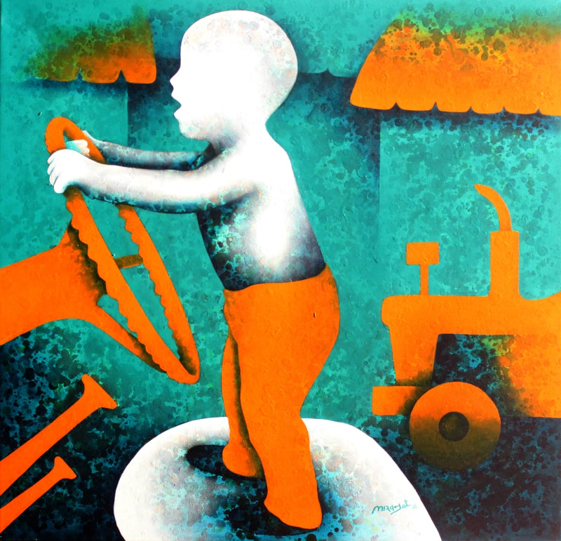 Athkheliya 17' figurative acrylic painting by artist Lakhan Singh Jat, 24x24 inch, on canvas