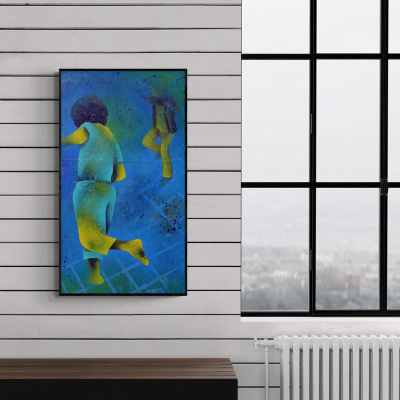 Preview of 'Athkheliya 3 (Fluidity of Movement)' Painting by Lakhan Singh Jat shown on a wall in a furnished room.