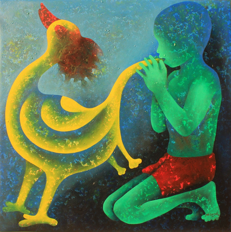 Athkheliya 5' figurative acrylic painting by artist Lakhan Singh Jat, 36x36 inch, on canvas