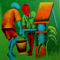 Athkheliya 6' figurative acrylic painting by artist Lakhan Singh Jat, 36x36 inch, on canvas