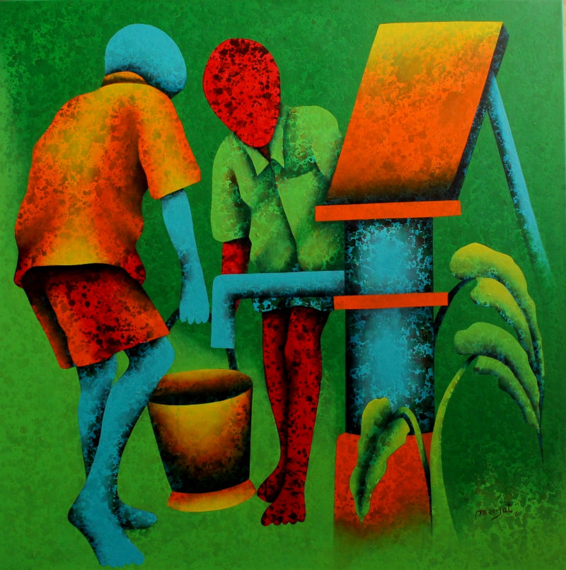Athkheliya 6' figurative acrylic painting by artist Lakhan Singh Jat, 36x36 inch, on canvas