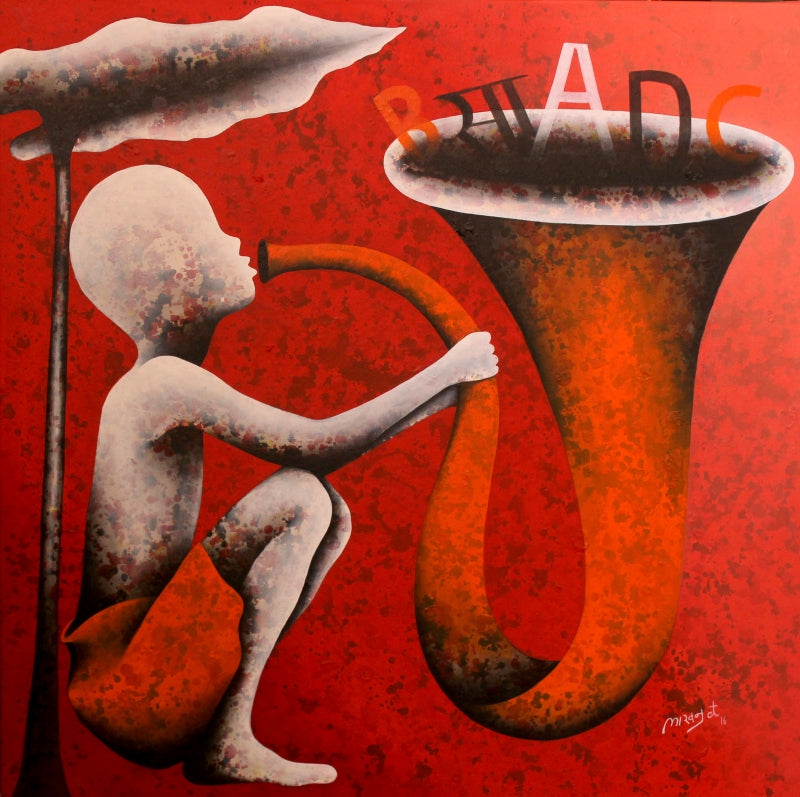 Athkheliya 7' figurative acrylic painting by artist Lakhan Singh Jat, 36x36 inch, on canvas