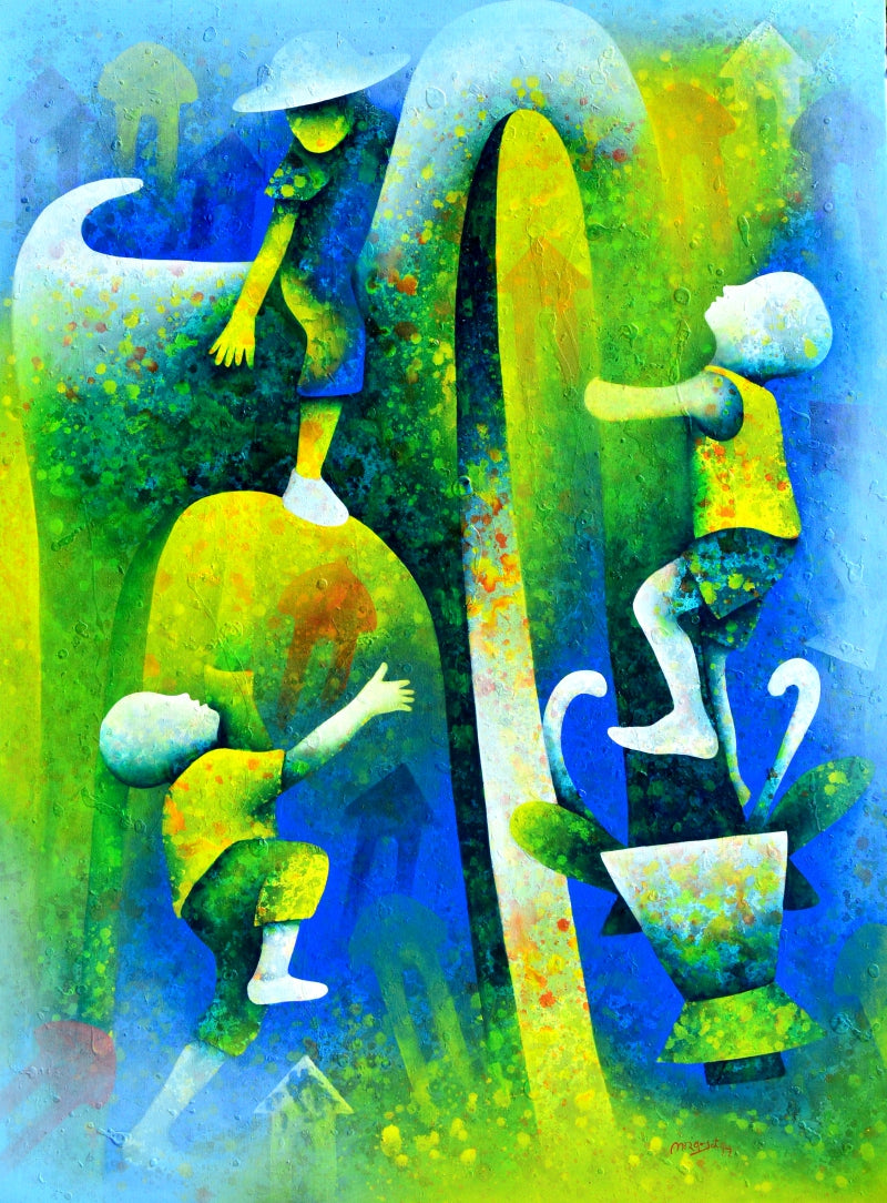 Athkheliya 8' figurative acrylic painting by artist Lakhan Singh Jat, 48x36 inch, on canvas