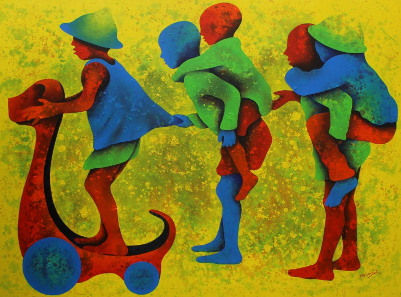 Athkheliya 9' figurative acrylic painting by artist Lakhan Singh Jat, 36x48 inch, on canvas