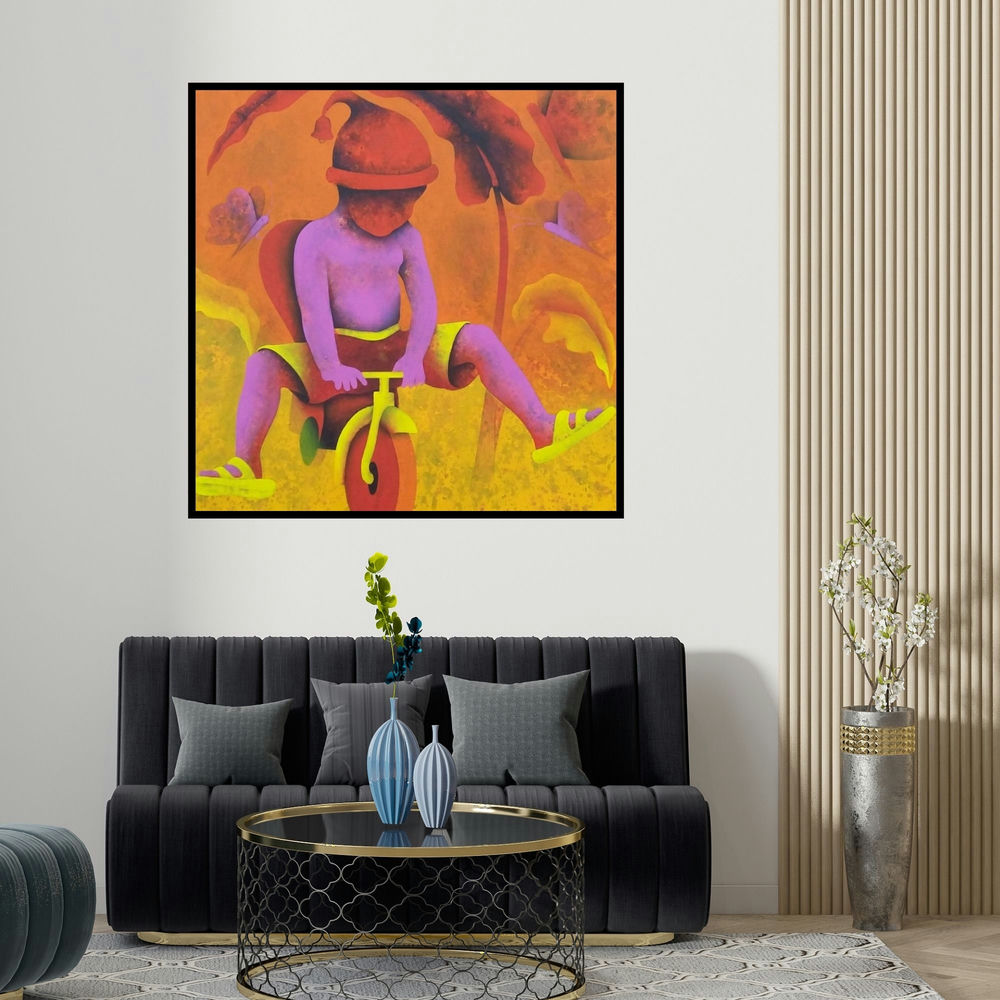 Lakhan Singh Jat's 'Athkheliyan 12' painting visualized above a sofa in a contemporary room.