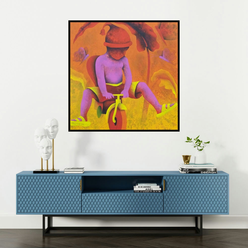 'Athkheliyan 12' painting by Lakhan Singh Jat shown on a wall in a furnished room.